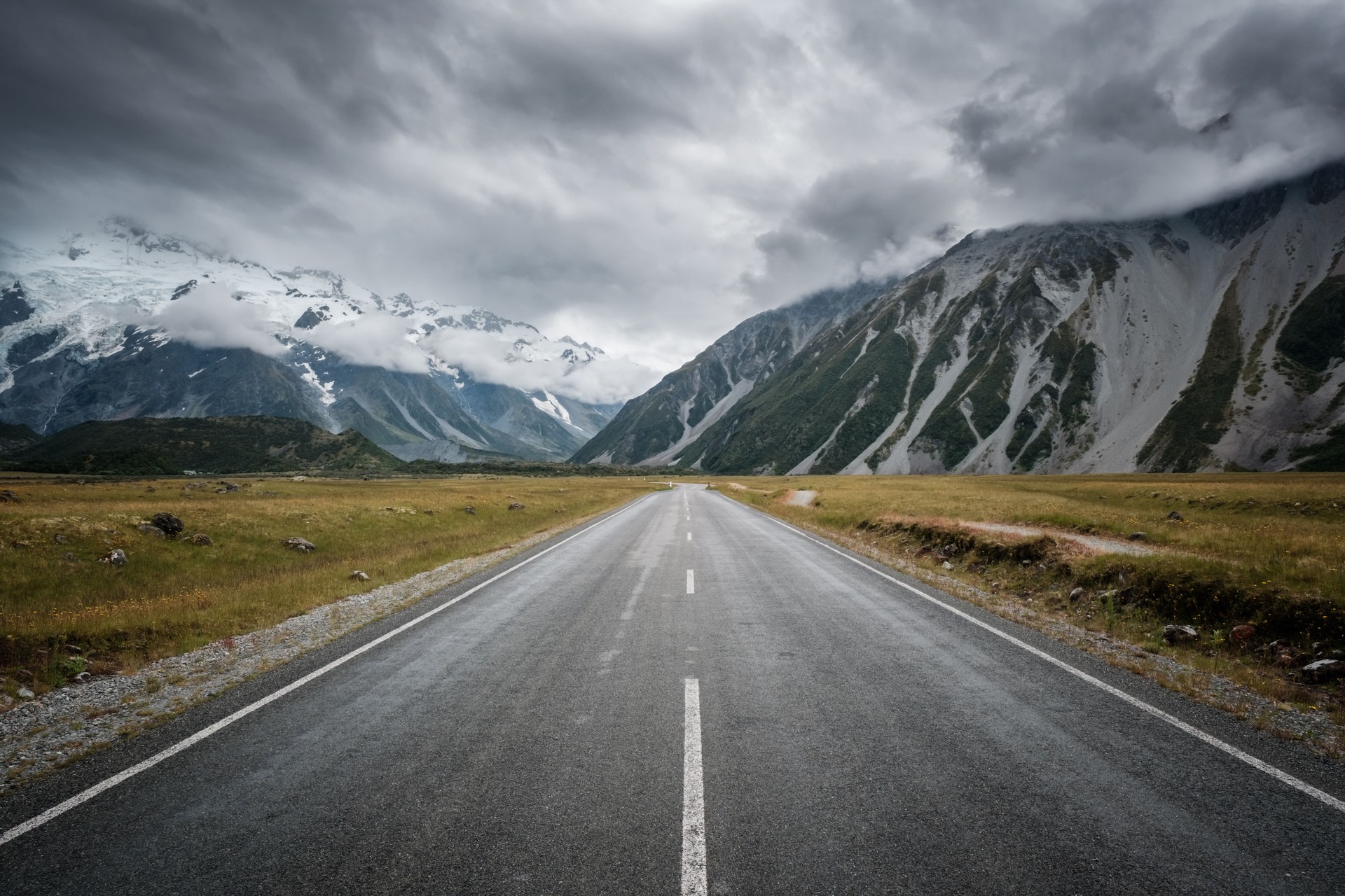leading to snow capped mountains in New Zealand